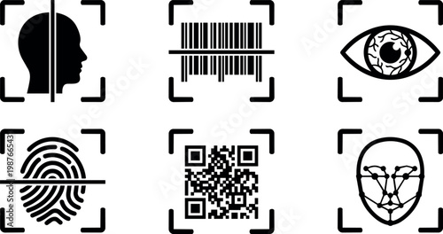 Black and white biometric and qr code scanning icons vector illustration