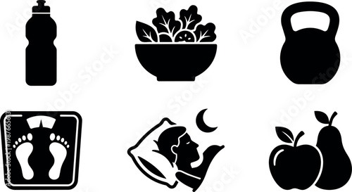 Fitness and healthy lifestyle icons including water bottle salad kettlebell scale restful sleep and fruits