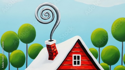 Surreal painting of a house with a question mark for smoke.