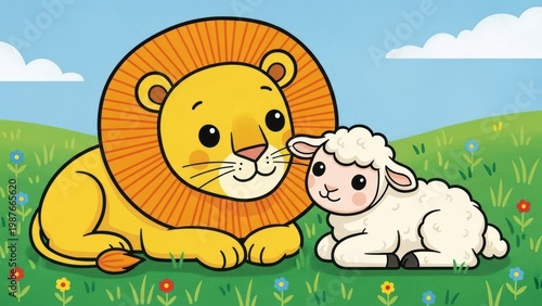Cartoon lion and lamb sitting together as friends.