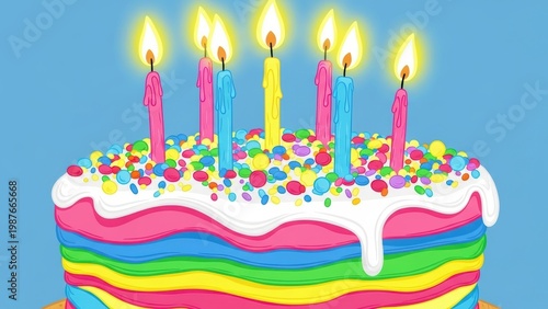 Rainbow layer birthday cake with seven lit candles.