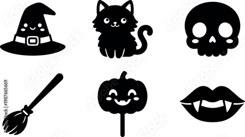 Cute black halloween icons witch cat skull broom vampire lips pumpkin lollipop vector art