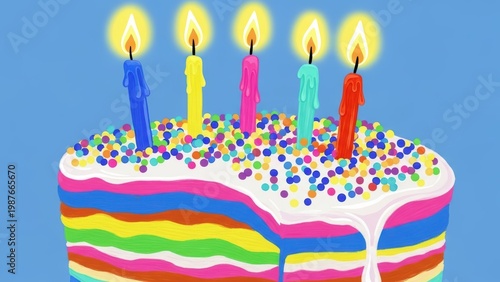 Colorful rainbow birthday cake with five candles.