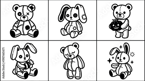 Six black and white stitched teddy bear and bunny dolls with playful and halloween details
