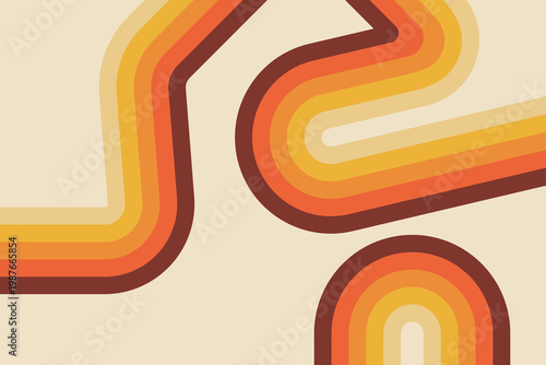 Retro 1970s Abstract Striped Rainbow Background With Warm Orange Yellow Brown Curves