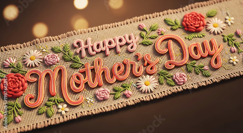 Romantic Floral 3D Woven Happy Mother’s Day Fabric Art with Soft Pink Tones