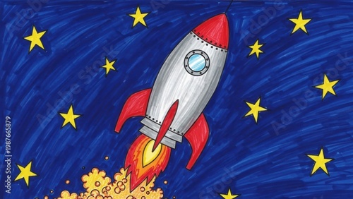 Child's crayon drawing of a rocket in outer space.