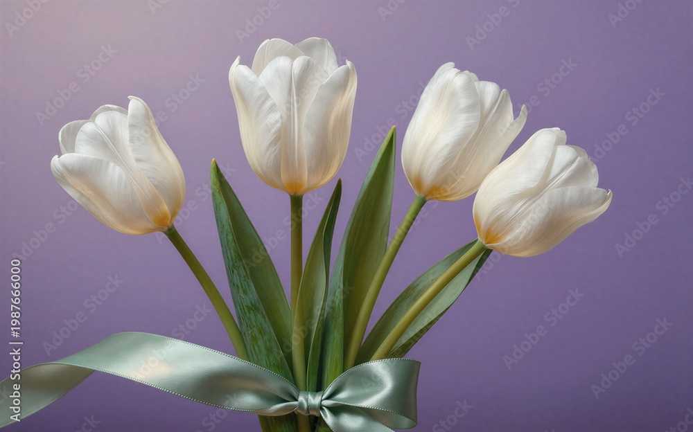 Fototapeta premium White tulips tied with ribbon elegant against soft purple background.
