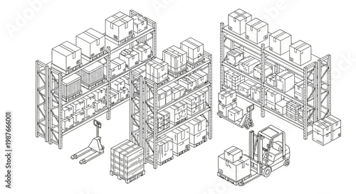 A detailed isometric line art illustration depicts a warehouse interior, showcasing shelves fully stocked with cardboard boxes and forklifts moving pallets, set against a clean white