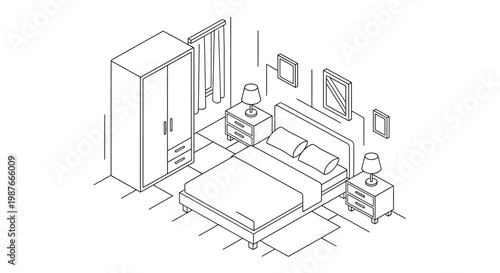 Isometric line art illustration of a bedroom interior featuring a bed, wardrobe, and bedside tables against a white background, conveying a minimalist and clean design in a vector graphic