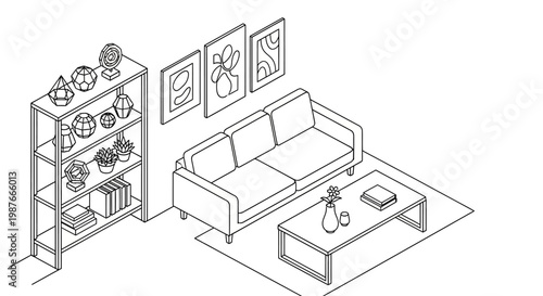 Isometric vector illustration of a living room design showcasing a sofa, coffee table, and bookshelf against a white background, rendered in black line art with a minimalist aesthetic