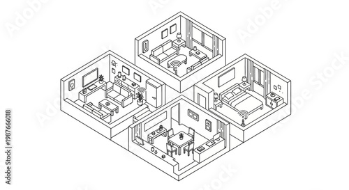 Isometric vector illustration depicting a house floor plan in black line art, showcasing rooms and interior designs, set against a clean white background, offering a minimalist and modern