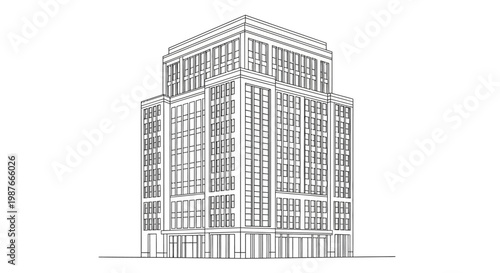 An isometric vector illustration shows a multi-story commercial building in detailed line art against a clean white background, its architecture rendered with precise black silhouette