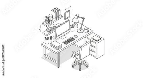 Isometric line art illustration of a tidy office room, showcasing a clean desk setup with computer, lamp, and organized shelves against a white background, conveying a minimalist and modern