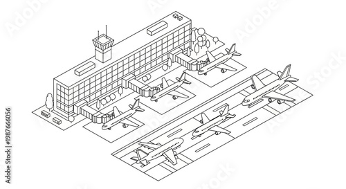 Isometric line art illustration of an airport terminal featuring multiple airplanes on the runway and at gates, rendered in a clean black and white design against a plain background