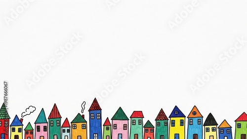 Naive drawing of colorful houses with copy space.