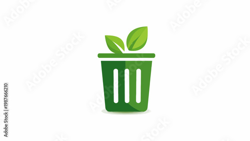 Eco-friendly green recycling bin icon with fresh leaves, symbolizing sustainable waste management and environmental care. A clean graphic for responsible disposal and nature conservation
