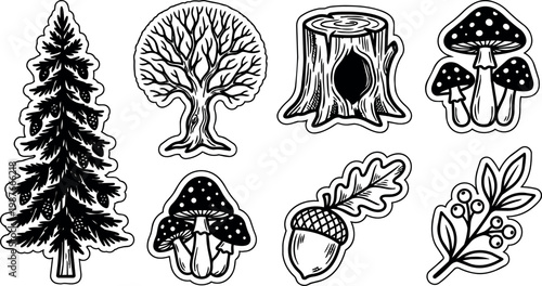 Black and white line art forest elements with tree stump acorn and mushrooms