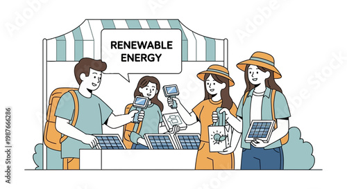 People shopping for portable solar panels at renewable energy stall
