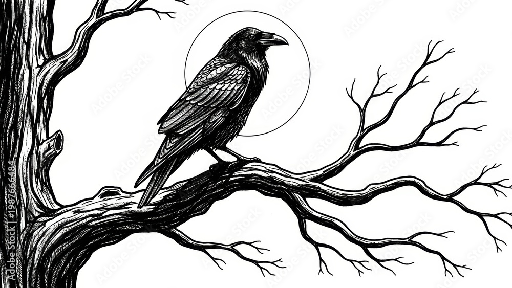 Obraz premium Ink drawing of a raven on a branch against a white circle.