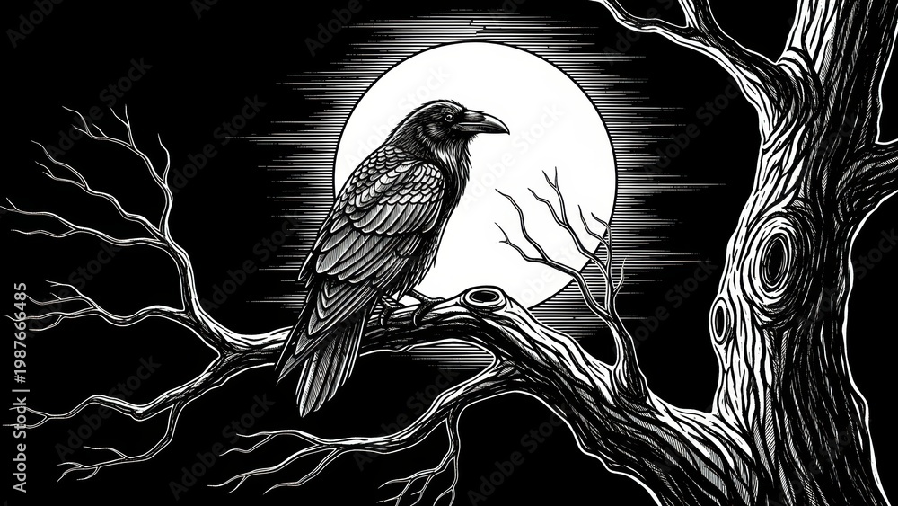 Fototapeta premium Raven on a tree branch in front of a full moon.
