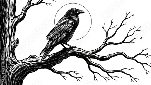 Ink drawing of a raven on a branch against a white circle.