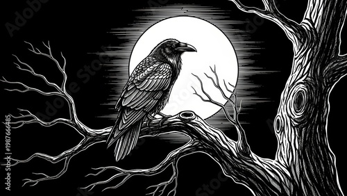 Raven on a tree branch in front of a full moon.