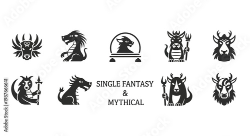 Set of Minimalist Black and White Fantasy Mythical Creature Icons