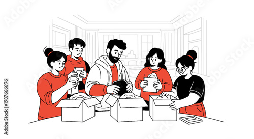 Diverse Volunteers Packing Donation Boxes for Charity Illustration