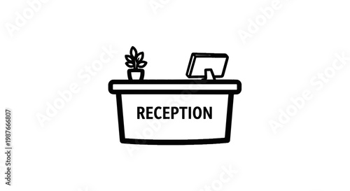 Reception Desk with Computer and Plant Vector Illustration