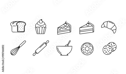 Bakery baking outline icons pastry cooking line vector set