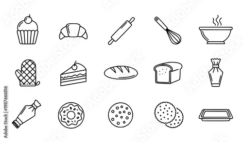 Baking and pastry outline icons set bakery cooking editable stroke vector illustration
