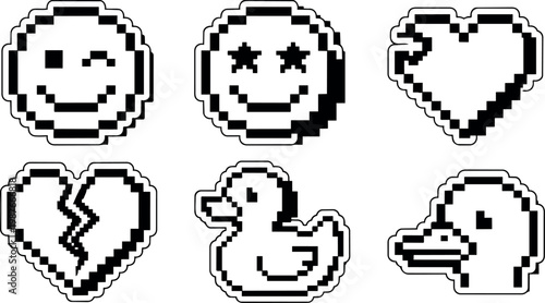 Pixel art black and white winking smiley star eyes smiley broken heart and duck icons set