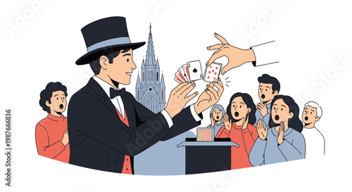 Magician Performing Card Trick for Surprised Audience Vector Illustration