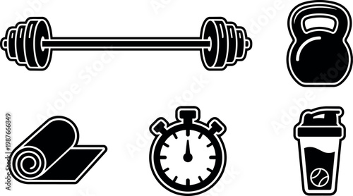 Black and white fitness equipment icons barbell mat kettlebell stopwatch shaker bottle
