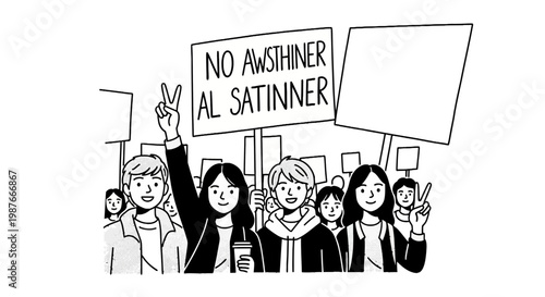 Protest Illustration with People Holding Blank Placards and Signs