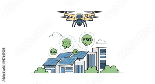 Drone Monitoring Sustainable City with Solar Panels and ESG Icons