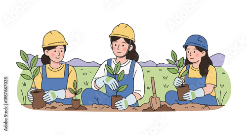 Team of female workers planting tree saplings for reforestation