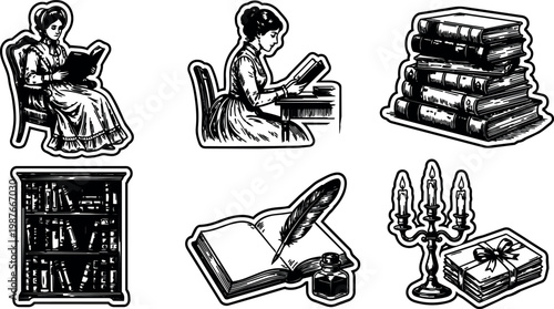 Black and white vintage reading women stack of books bookshelf quill ink candlelight