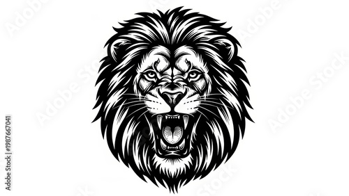Black and white graphic of a roaring lion's head.