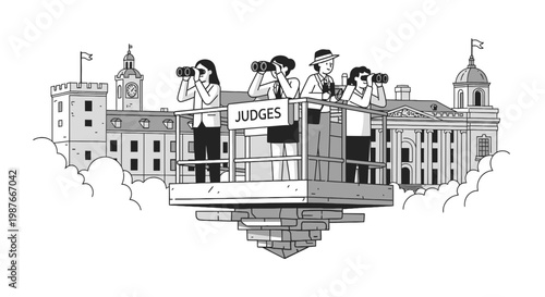 Vector Illustration of Judges Observing Through Binoculars on Platform