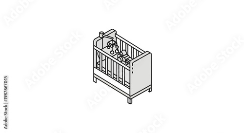 Isometric Baby Crib Illustration with Mobile and Toy Car