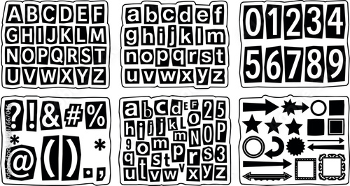 Black and white ransom note style letters numbers and symbols vector art