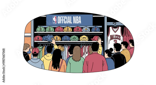 People Shopping for Basketball Merchandise in NBA Store Illustration