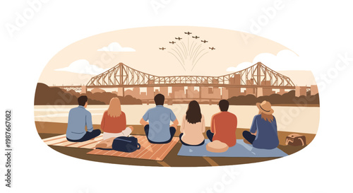 Group of friends watching air show over city bridge vector illustration