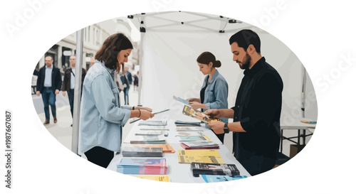 People Organizing Brochures at Outdoor Information Stall Illustration