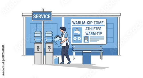 Service worker refilling water cooler at athlete warm up station
