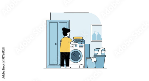 Woman using a washing machine in a modern laundry room illustration