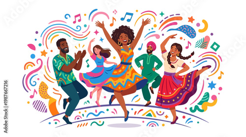 A diverse group of joyful characters are dancing together in a lively vector illustration, celebrating a global dance festival with bright and ornate designs against a clean white