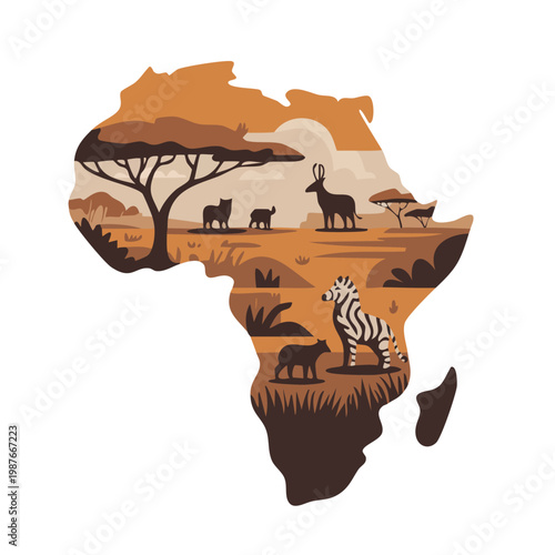African wildlife continent silhouette illustration with safari animals